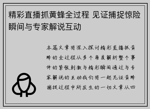 精彩直播抓黄蜂全过程 见证捕捉惊险瞬间与专家解说互动