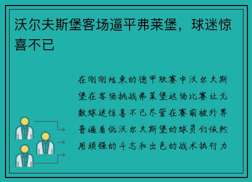 沃尔夫斯堡客场逼平弗莱堡，球迷惊喜不已