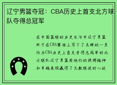 辽宁男篮夺冠：CBA历史上首支北方球队夺得总冠军